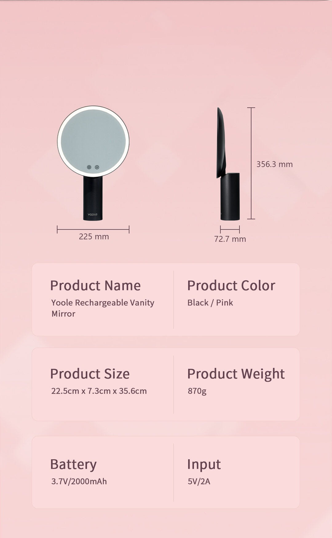 YOOLE RECHARGEABLE VANITY MIRROR